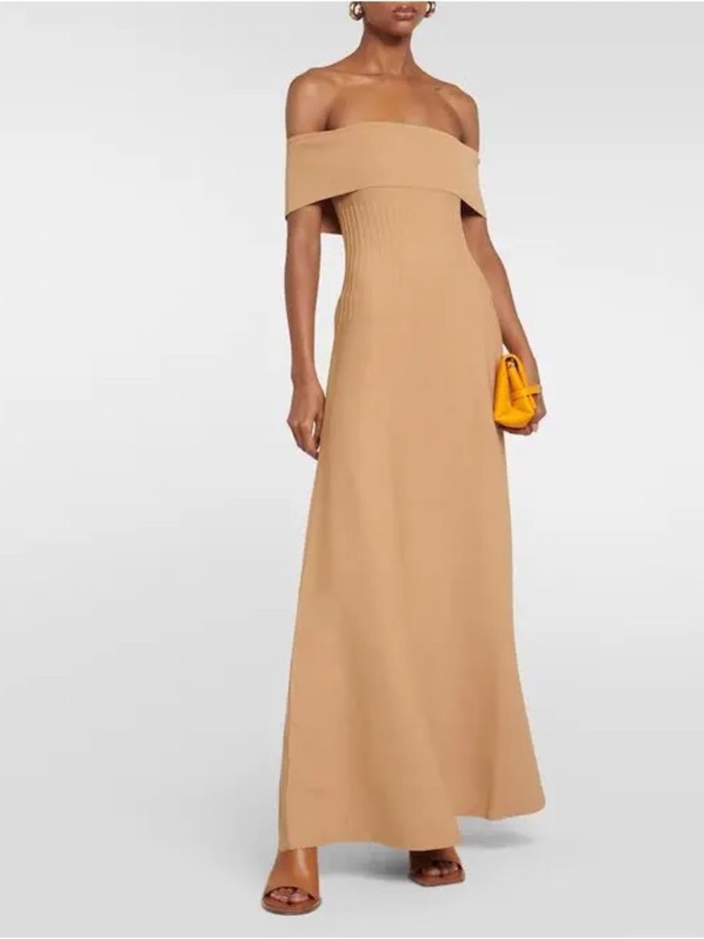 STAUD Camel Beige Off-Shoulder Maxi Dress